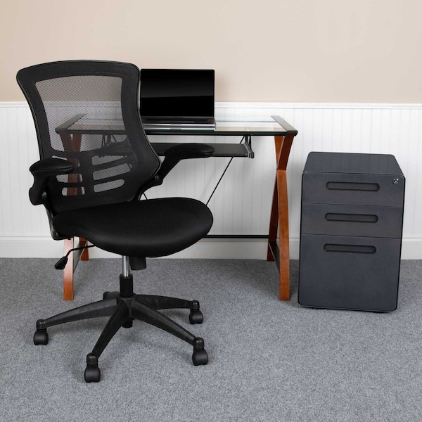 Flash Furniture Glass Desk, Chair, Cabinet Set BLN-NAN28APX5-BK-GG - main
